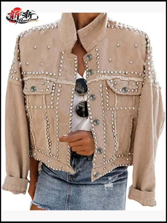 Jackets & Blazers - Loose Fit Studded Denim Jacket with Rhinestone Beading Western Style